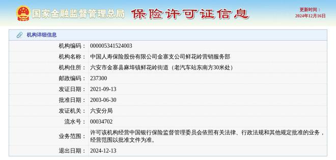中国人寿保险股份有限公司金寨支公司鲜花岭营销服务部获准退出退出日期2024年12月13日(图1)
